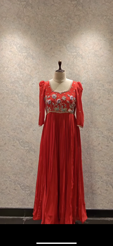 Elegant Red Long-Sleeved Dress with Intricate Floral Embroidery - Handcrafted Design