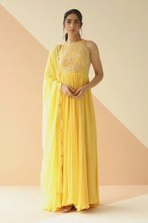 Elegant Yellow Sleeveless Dress with Intricate Embroidery - Handcrafted Design