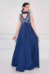 Navy Blue Sleeveless Gown with White Floral Embroidery - Perfect for Formal Occasions