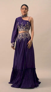 Deep Purple Double Flared Velvet Lehenga Set with Embroidered Blouse and Dupatta - Handcrafted Design