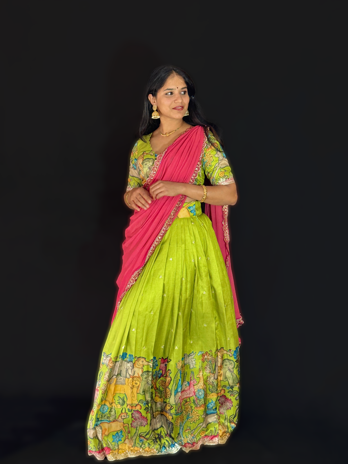Lime Green Handcrafted Kalamkari Lehenga – Luxury Limited Edition, Hand-Printed & Artisan-Made