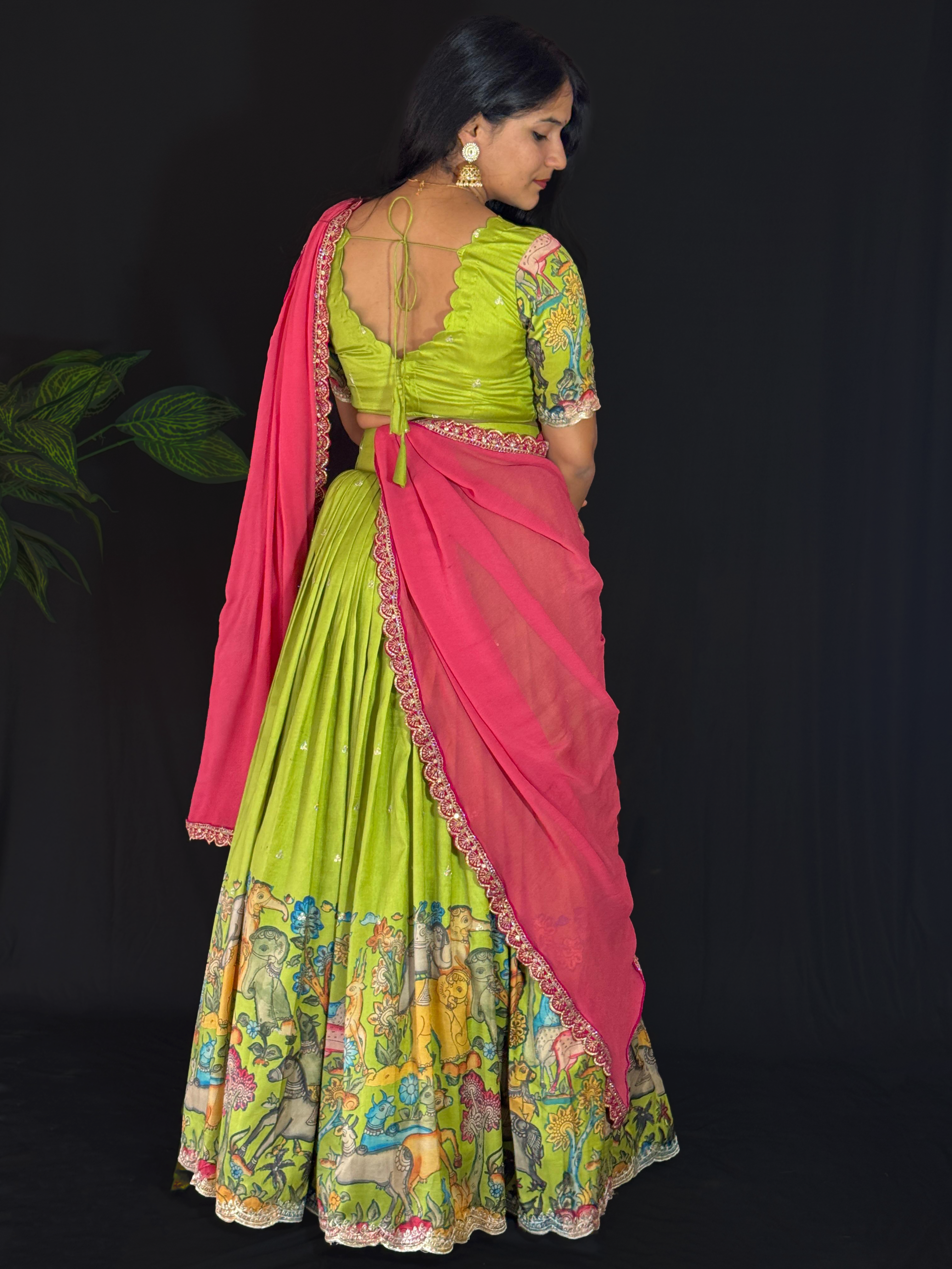 Lime Green Handcrafted Kalamkari Lehenga – Luxury Limited Edition, Hand-Printed & Artisan-Made