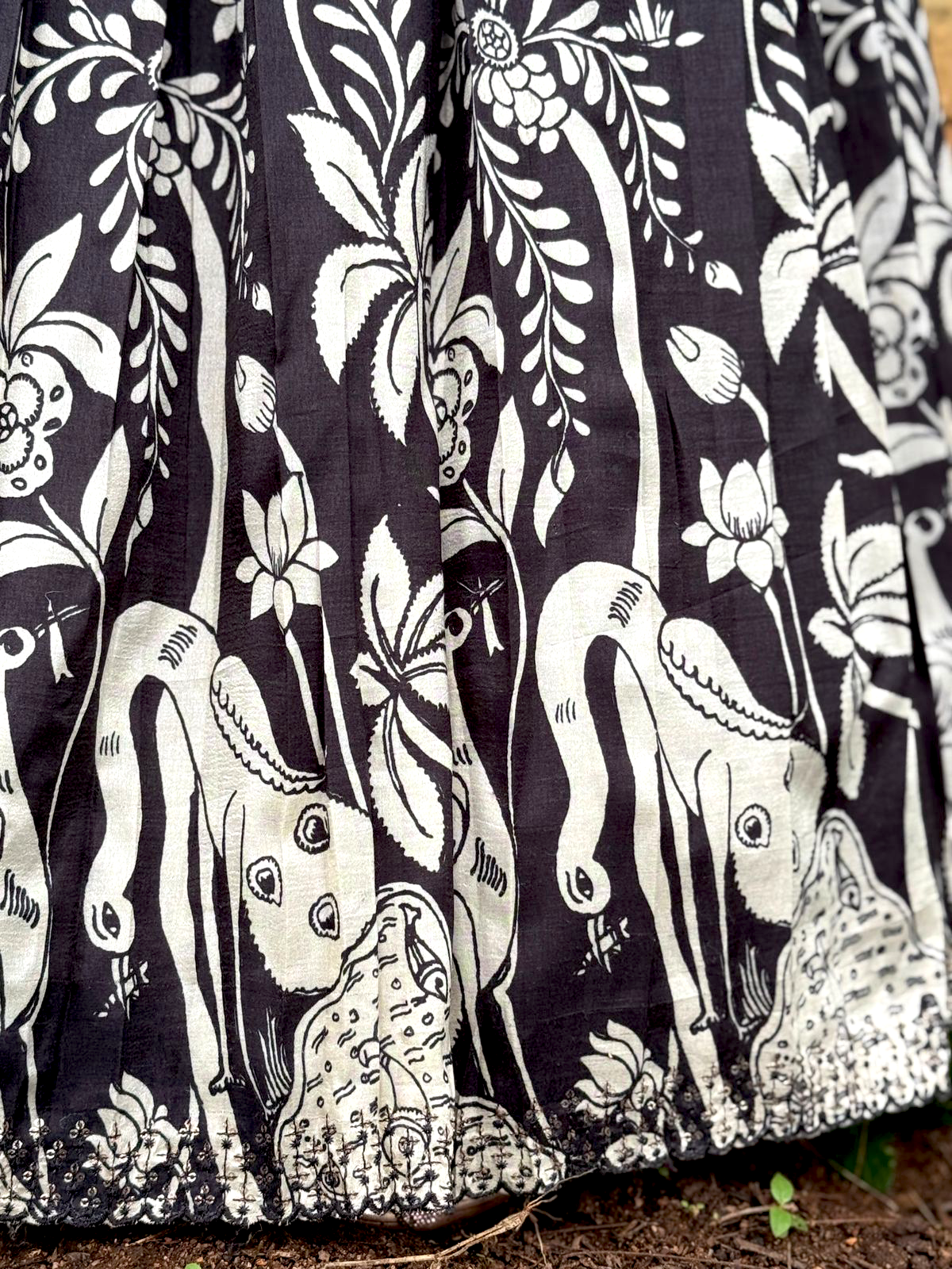 Handcrafted Black Kalamkari Lehenga – Luxury Handwoven, Handprinted Artistry