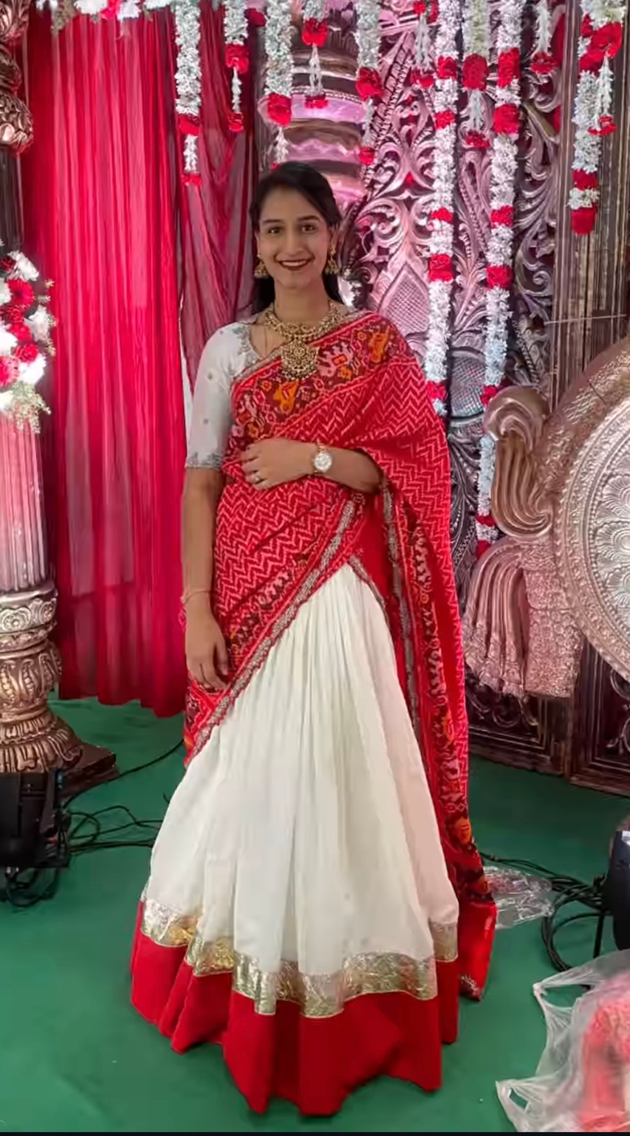 Elegant off white  Raw Silk Lehenga with  maroon Ikkat Patan Patola Dupatta and Maggam Blouse