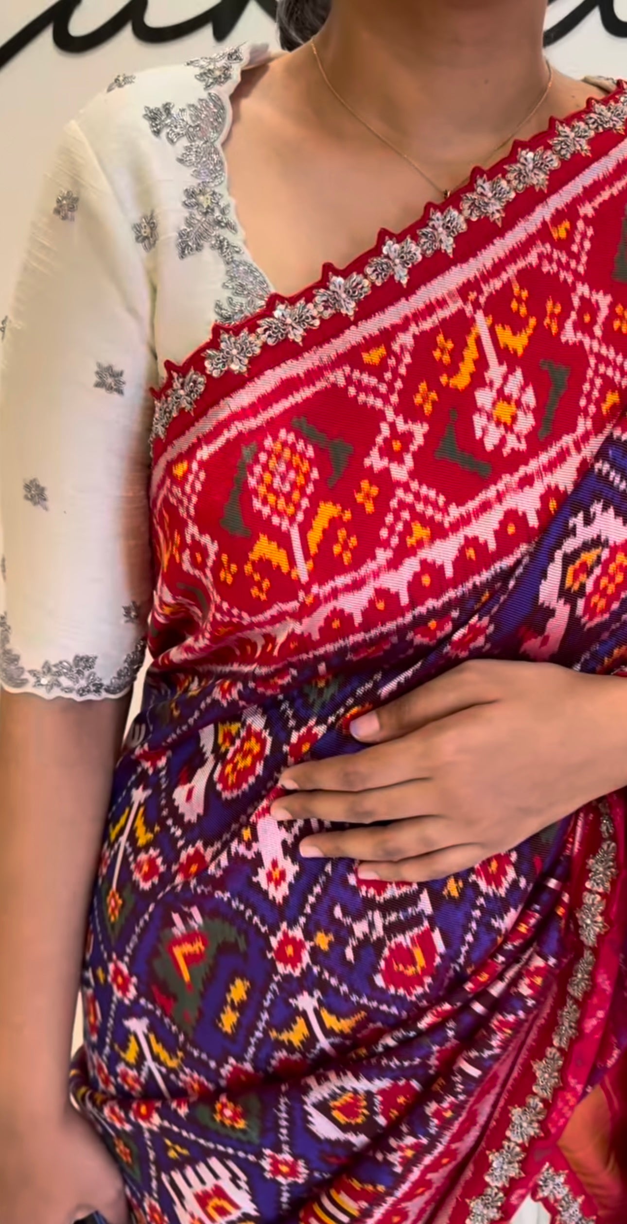 Elegant off white  Raw Silk Lehenga with maroon  Ikkat Patan Patola Dupatta and Maggam Blouse
