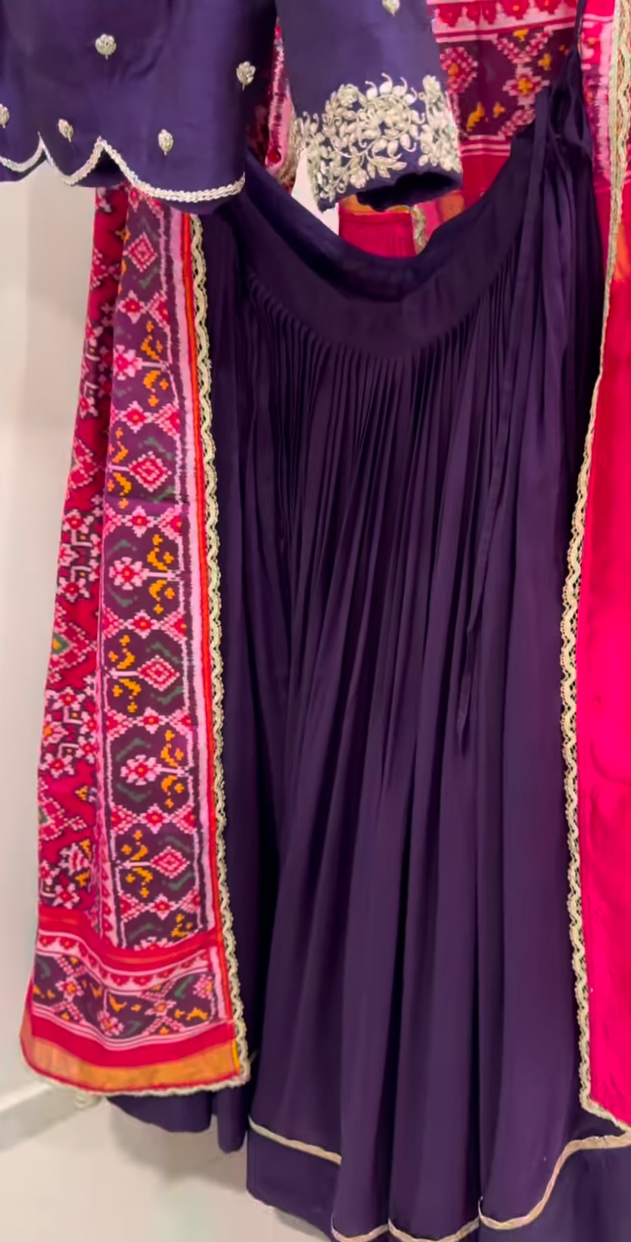 Purple Raw Silk Lehenga with pink Ikkat Patan Patola Dupatta and Maggam Blouse