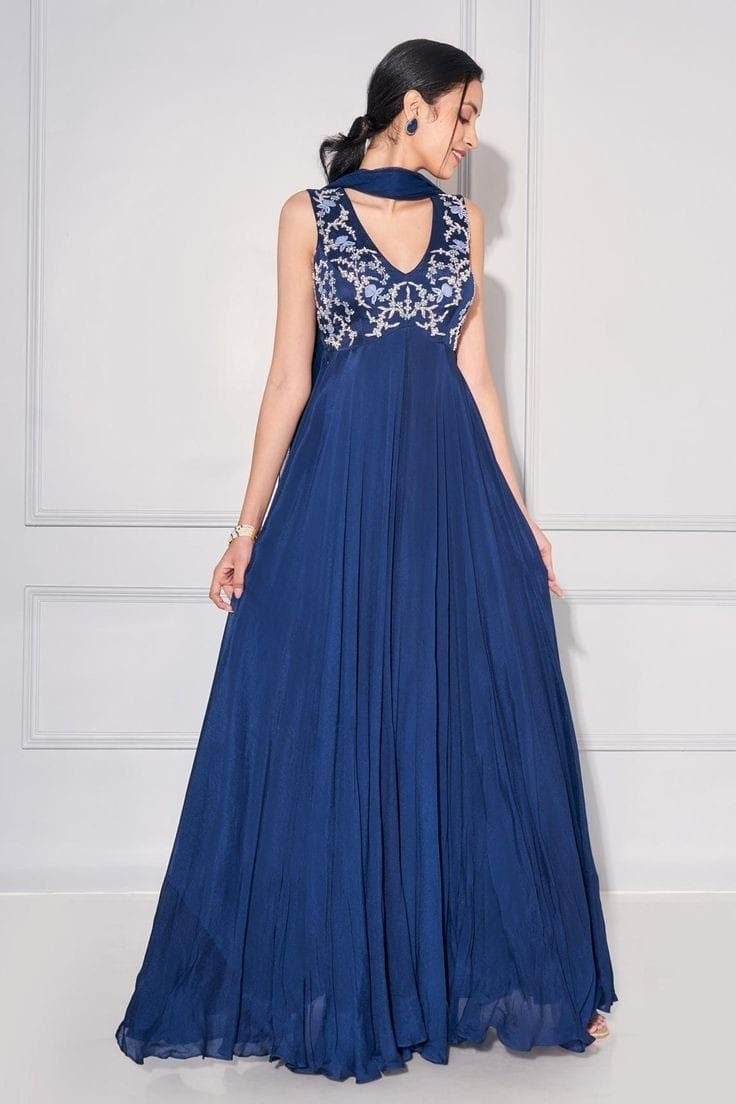 Navy Blue Sleeveless Gown with White Floral Embroidery - Perfect for Formal Occasions
