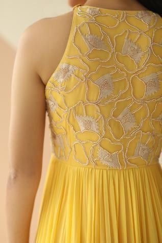 Elegant Yellow Sleeveless Dress with Intricate Embroidery - Handcrafted Design