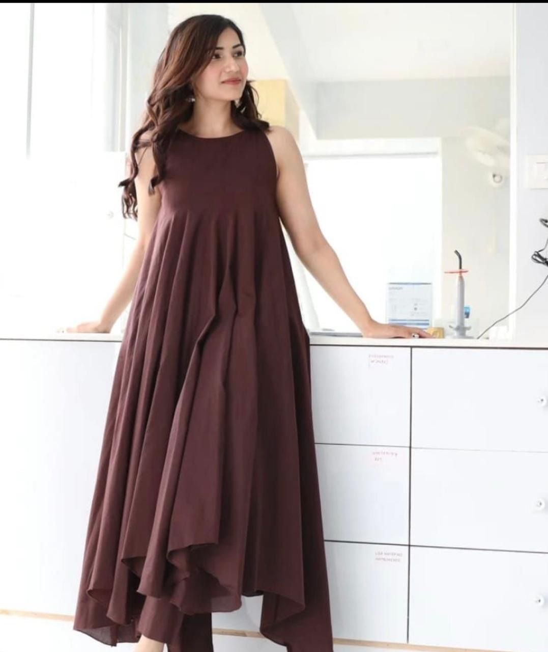 Elegant Dark Brown Asymmetrical Dress - Handcrafted Designer Piece kurta set