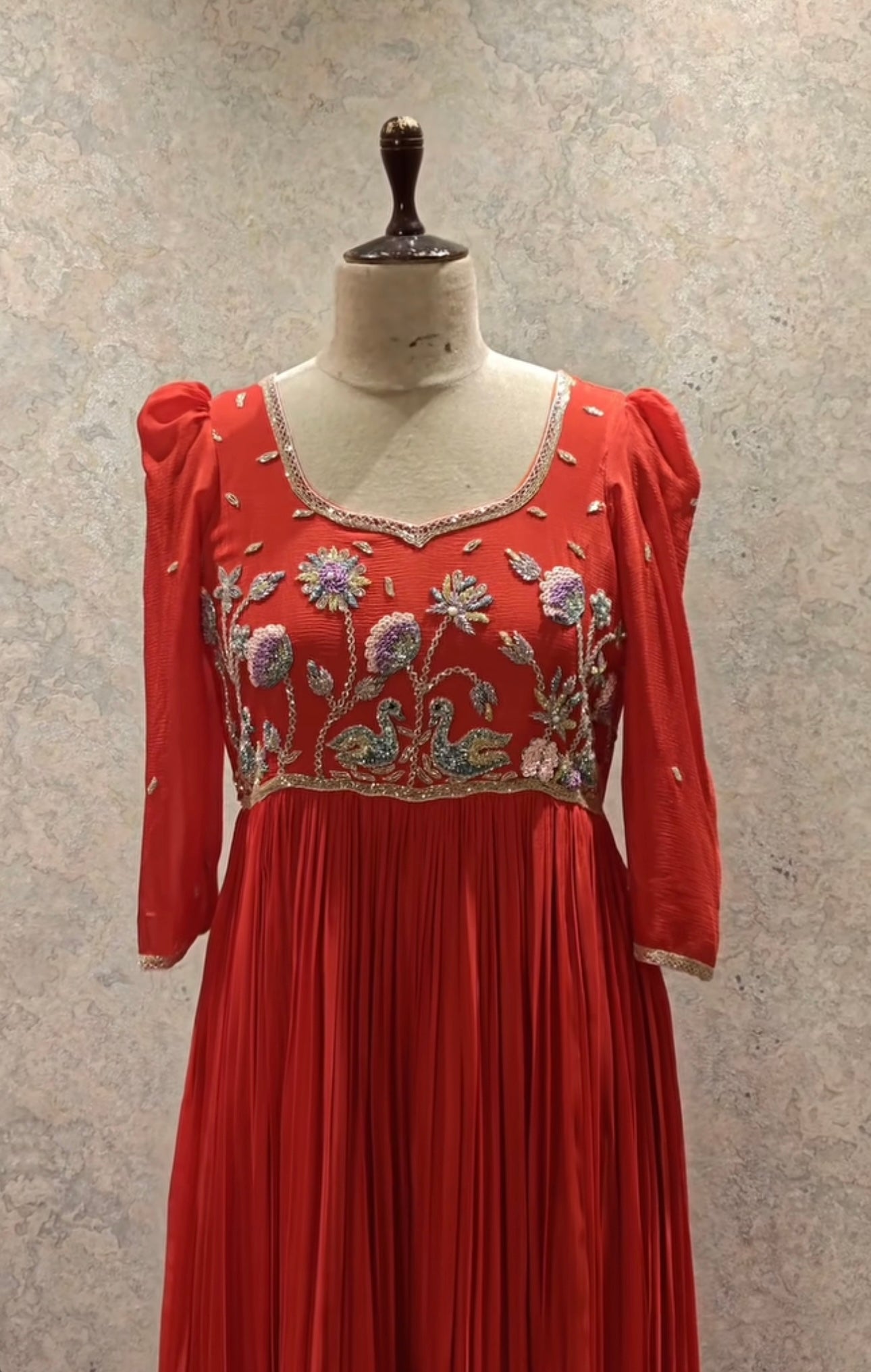 Elegant Red Long-Sleeved Dress with Intricate Floral Embroidery - Handcrafted Design