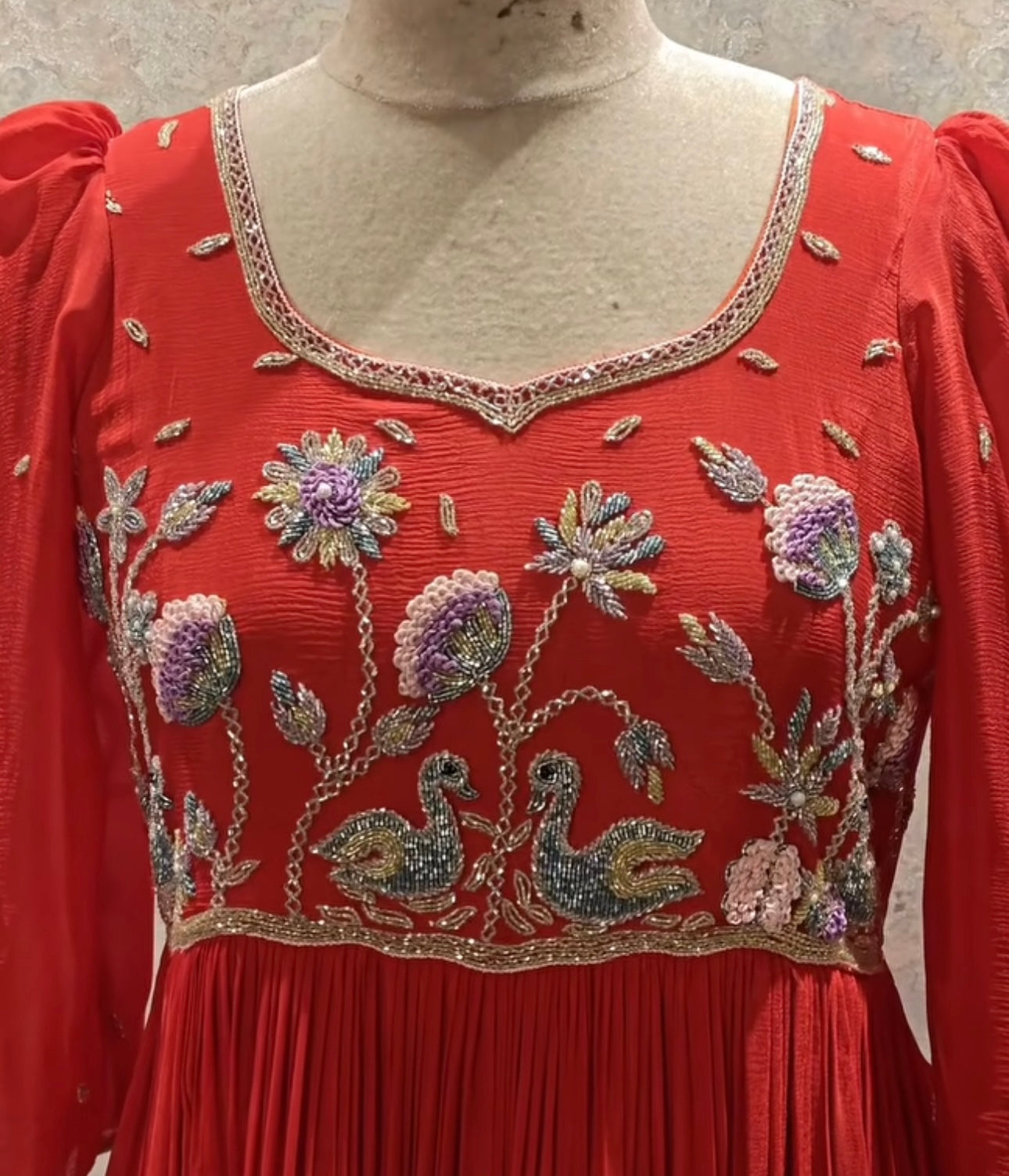 Elegant Red Long-Sleeved Dress with Intricate Floral Embroidery - Handcrafted Design