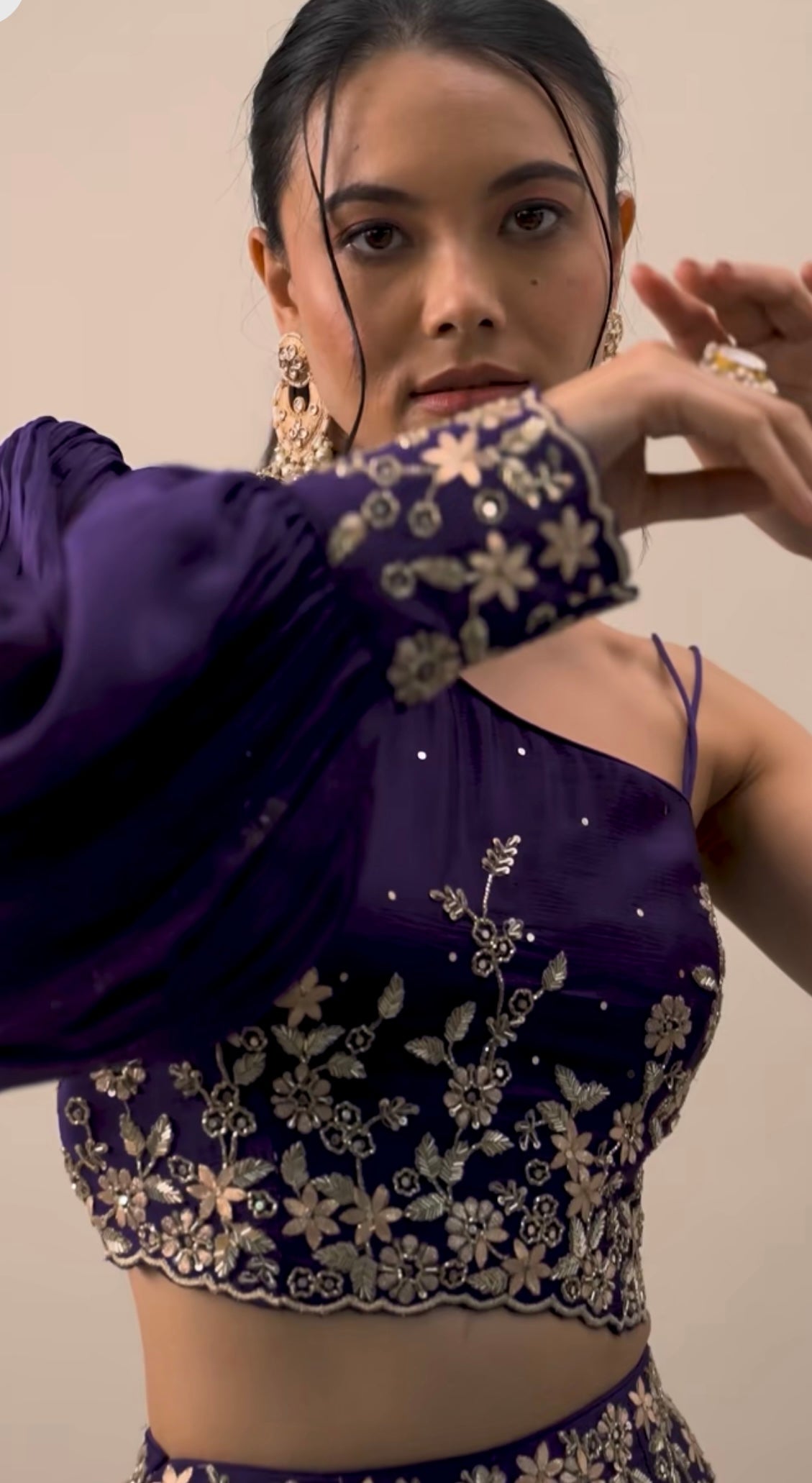 Deep Purple Double Flared Velvet Lehenga Set with Embroidered Blouse and Dupatta - Handcrafted Design