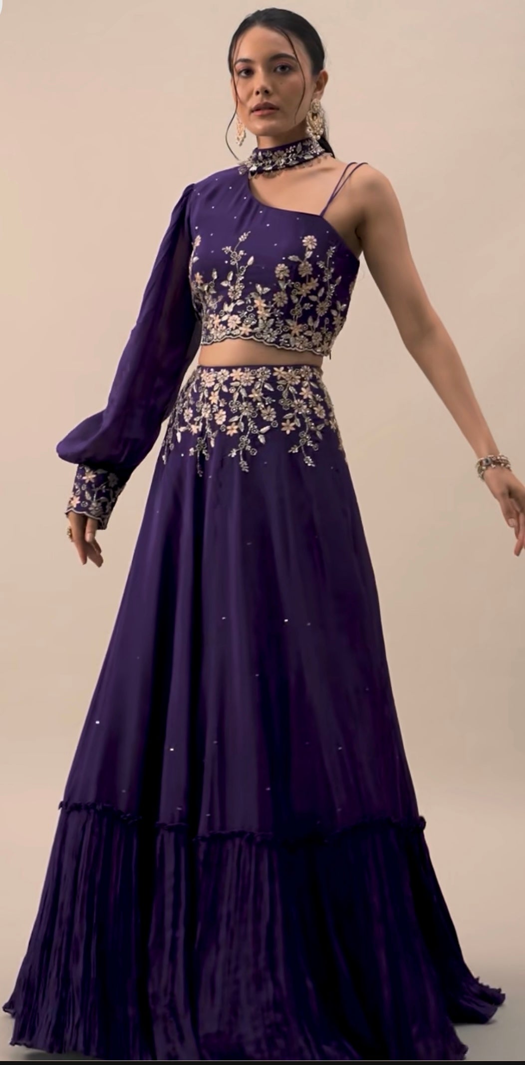 Deep Purple Double Flared Velvet Lehenga Set with Embroidered Blouse and Dupatta - Handcrafted Design