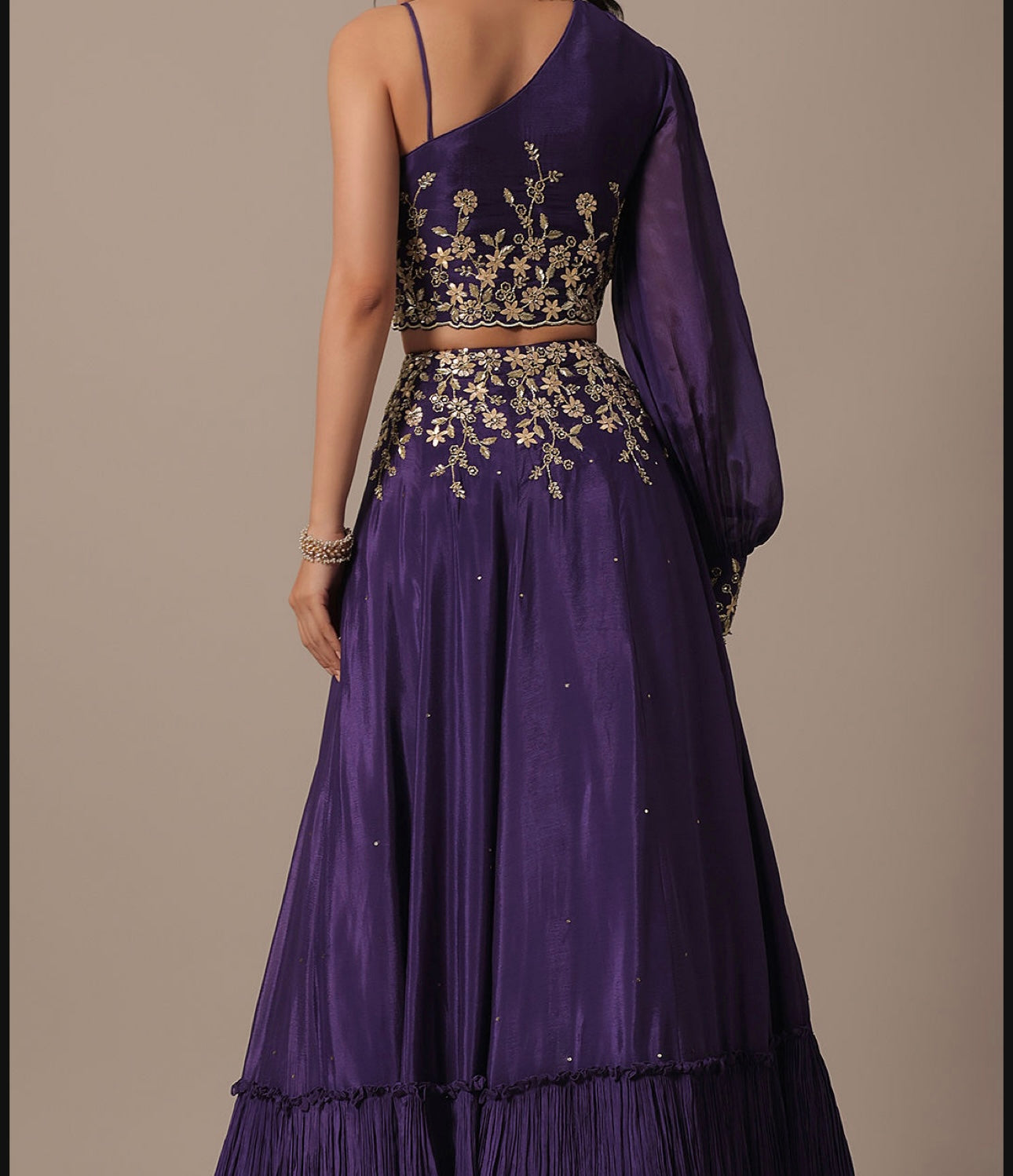 Deep Purple Double Flared Velvet Lehenga Set with Embroidered Blouse and Dupatta - Handcrafted Design