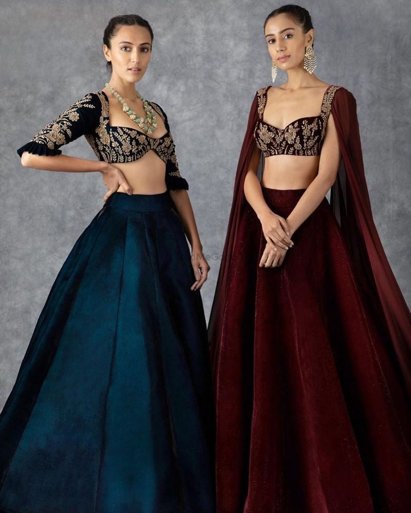 Deep Maroon Double Flared Velvet Lehenga Set with Embroidered Blouse and Dupatta - Handcrafted Design