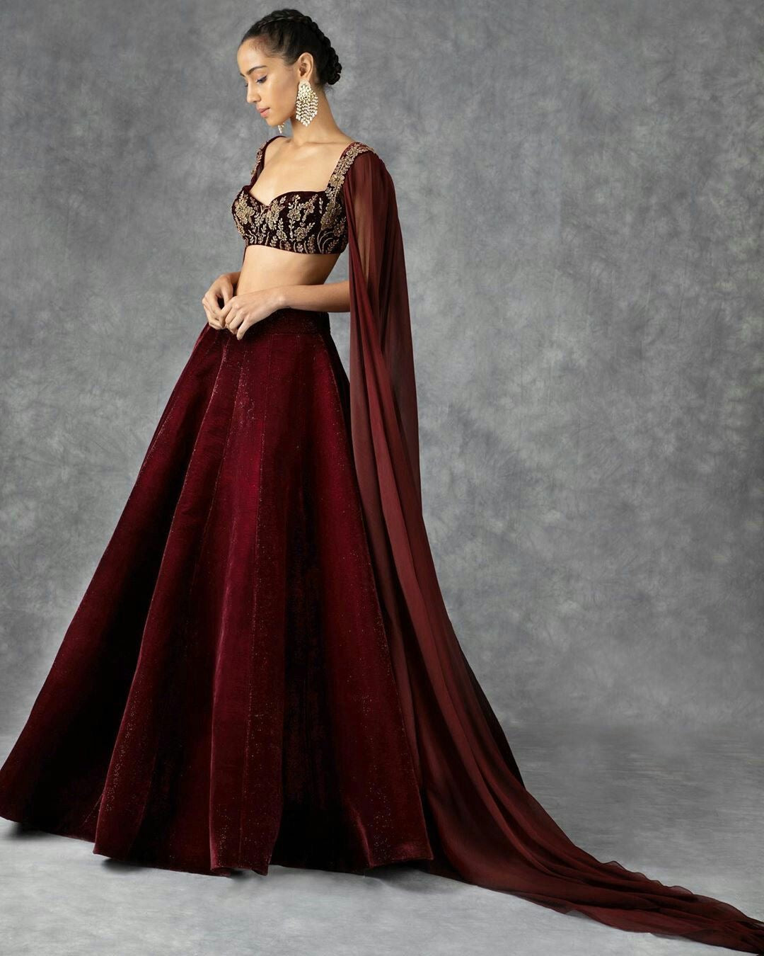 Deep Maroon Double Flared Velvet Lehenga Set with Embroidered Blouse and Dupatta - Handcrafted Design