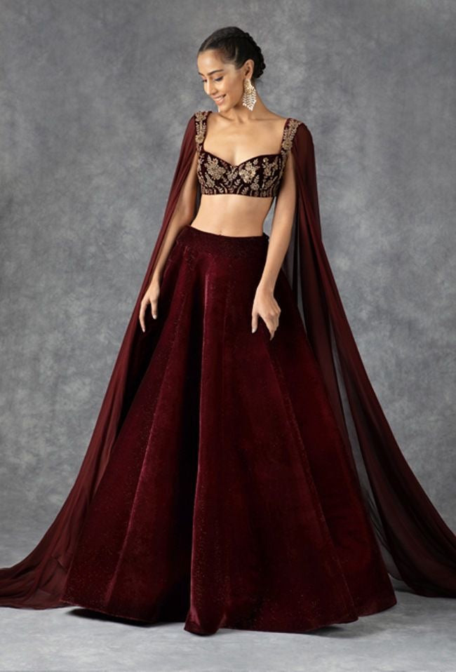 Deep Maroon Double Flared Velvet Lehenga Set with Embroidered Blouse and Dupatta - Handcrafted Design