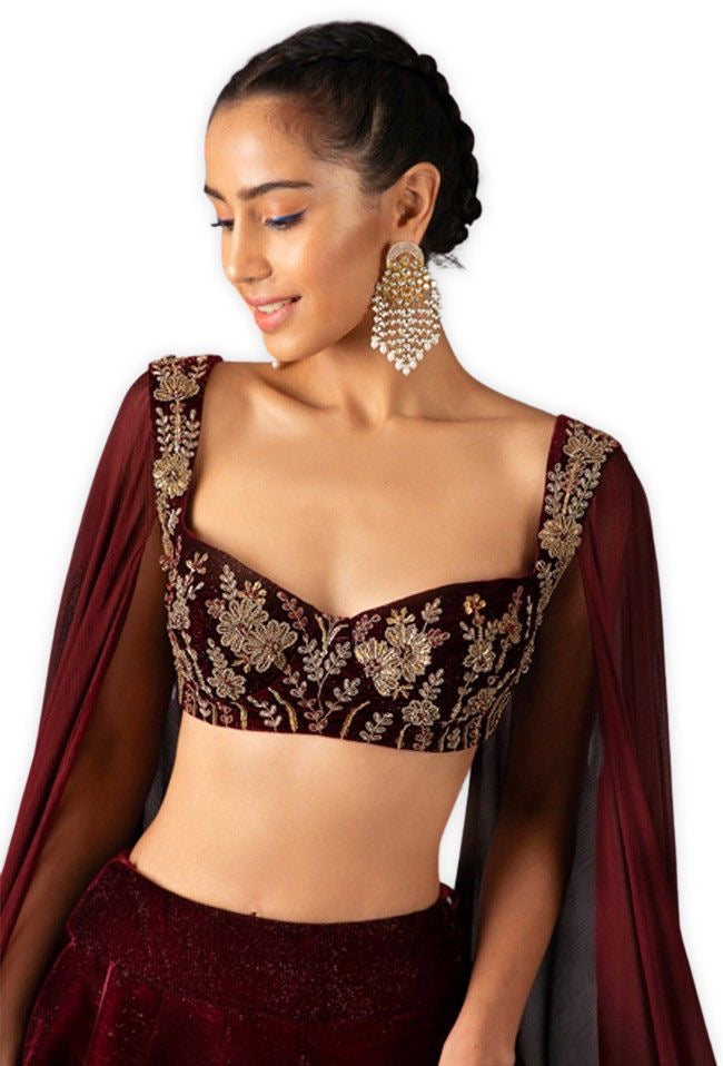Deep Maroon Double Flared Velvet Lehenga Set with Embroidered Blouse and Dupatta - Handcrafted Design