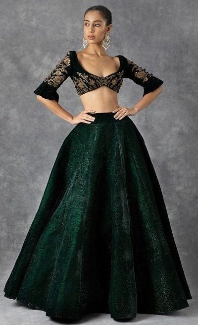 Deep Maroon Double Flared Velvet Lehenga Set with Embroidered Blouse and Dupatta - Handcrafted Design