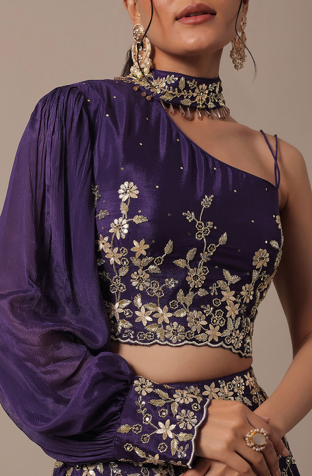 Deep Purple Double Flared Velvet Lehenga Set with Embroidered Blouse and Dupatta - Handcrafted Design