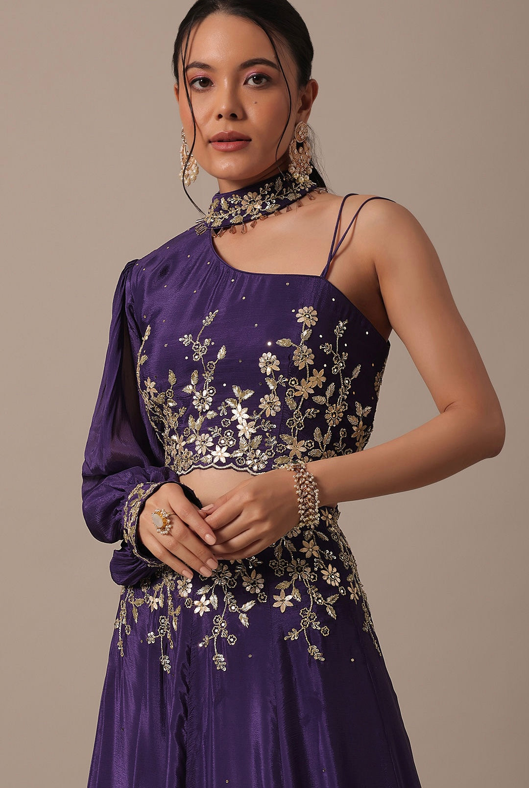 Deep Purple Double Flared Velvet Lehenga Set with Embroidered Blouse and Dupatta - Handcrafted Design