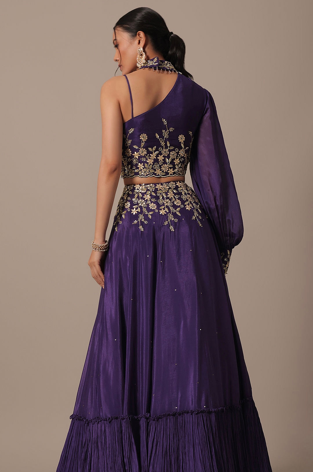 Deep Purple Double Flared Velvet Lehenga Set with Embroidered Blouse and Dupatta - Handcrafted Design