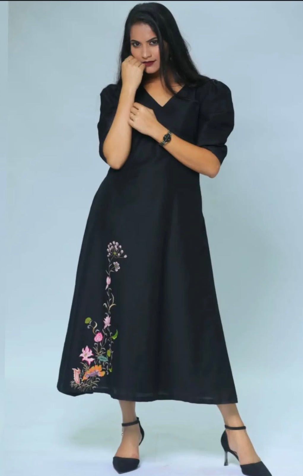 ankle length dress with machine embroidery highlights