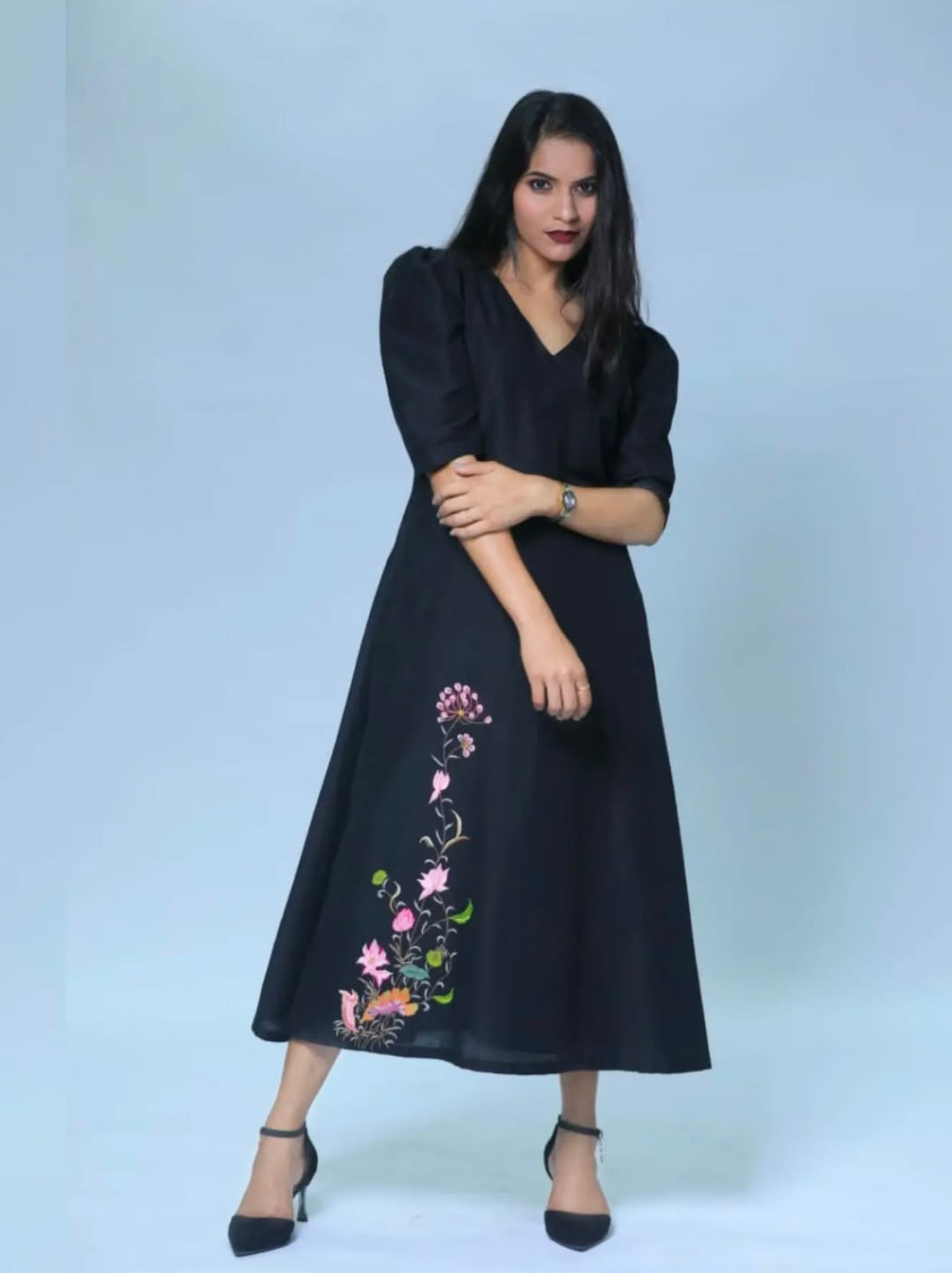 ankle length dress with machine embroidery highlights