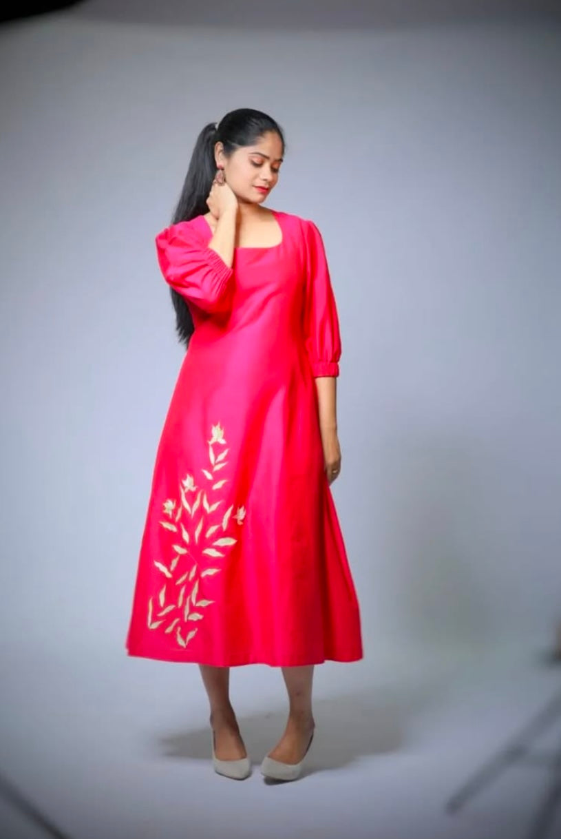 ankle length dress with machine embroidery highlights