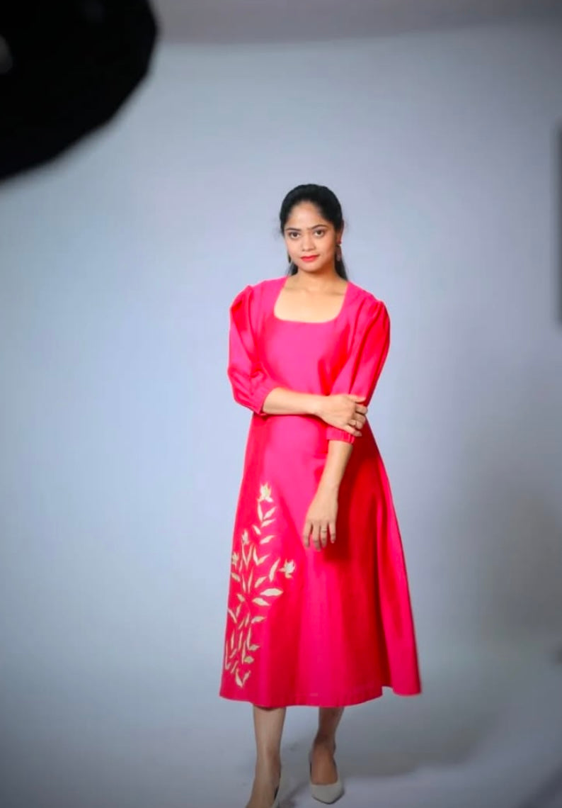 ankle length dress with machine embroidery highlights