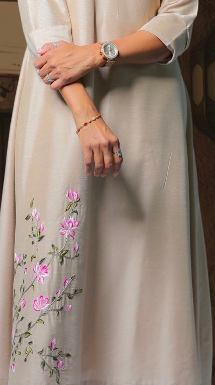ankle length dress with machine embroidery highlights