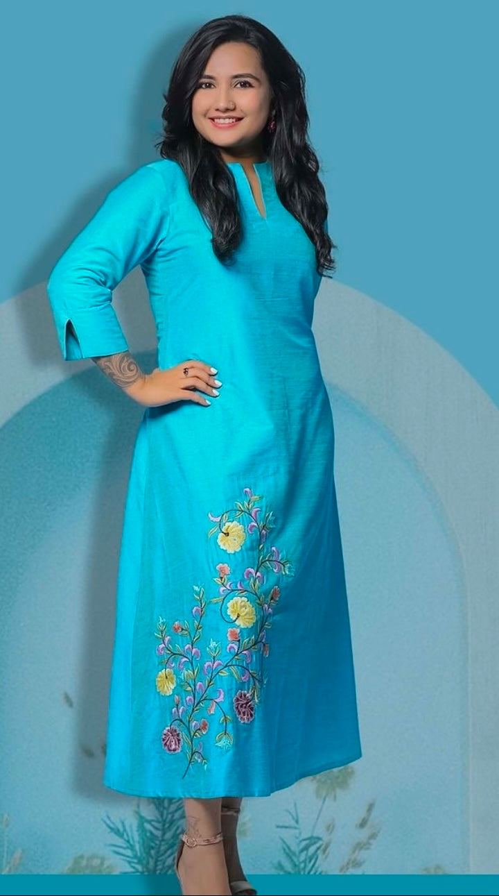 ankle length dress with machine embroidery highlights